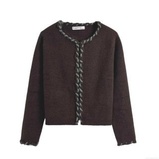 Women's Acrylic Polyester Nylon Blend Knit Jacket Contrast Braided Trim Round Neck Short Cardigan Casual Autumn Winter Long Sleeve Sweater Coat Outwear