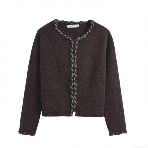 Women's Acrylic Polyester Nylon Blend Knit Jacket Contrast Braided Trim Round Neck Short Cardigan Casual Autumn Winter Long Sleeve Sweater Coat Outwear