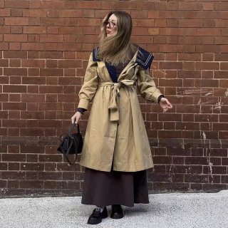 French Style Color Contrast Trench Coat For Women Navy Sailor Collar Long Sleeve Patchwork Windbreaker With Belt Casual Elegant Spring Autumn Jacket