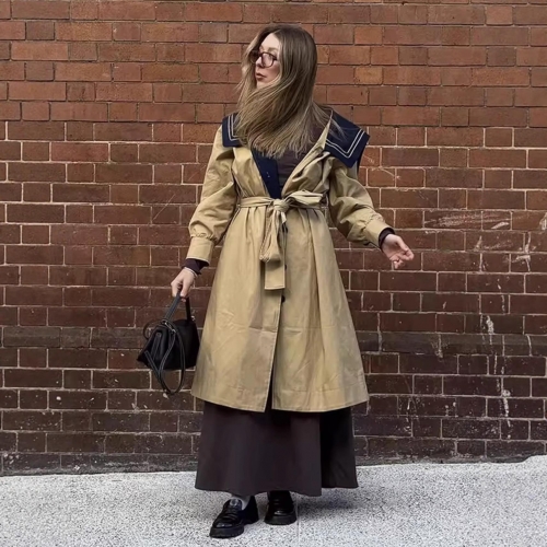 French Style Color Contrast Trench Coat For Women Navy Sailor Collar Long Sleeve Patchwork Windbreaker With Belt Casual Elegant Spring Autumn Jacket