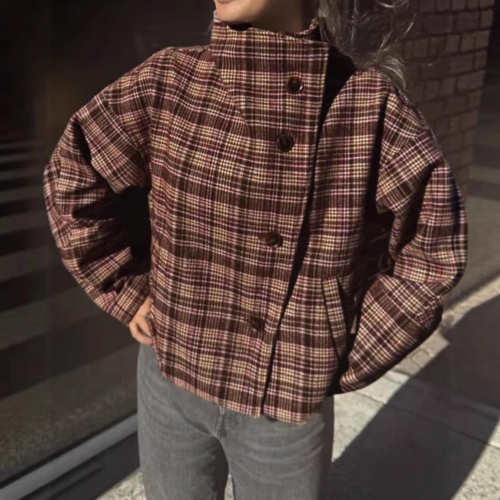 Women's Vintage Plaid Short Jacket Fashion Stand Collar Woolen Mix Single Breasted Coat Autumn Winter Casual Outwear For Ladies