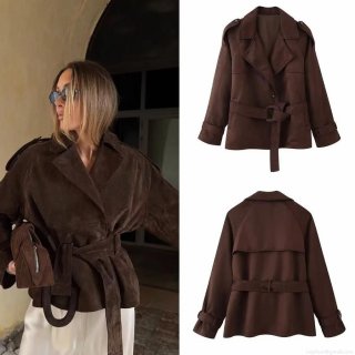 Women's Fashion Faux Suede Short Jacket Vintage Brown Lapel Belted Long Sleeve Coat Solid Color Autumn Winter Outerwear For Ladies Casual Streetwear Styling
