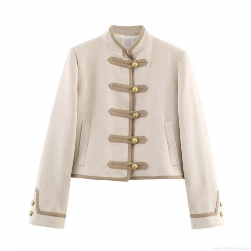 Women's Elegant Short Jacket With Shoulder Pads And Chinese Knot Buttons Polyester Blend Stand Collar Casual Office Outwear For Women Apricot