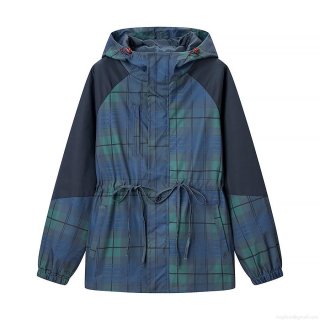 Women's Hooded Plaid Windbreaker Jacket Lightweight Polyester Splicing Windproof Outerwear With Drawstring Waist Casual Trench Coat For Outdoor Daily