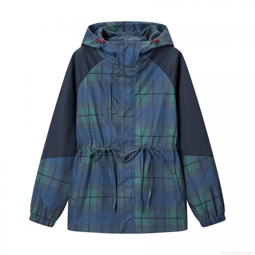 Women's Hooded Plaid Windbreaker Jacket Lightweight Polyester Splicing Windproof Outerwear With Drawstring Waist Casual Trench Coat For Outdoor Daily