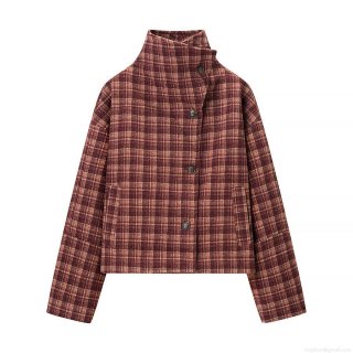Women's Retro Plaid Woolen Jacket Stand Collar Long Sleeve Loose Single Breasted Short Coat For Autumn Winter Casual Outwear