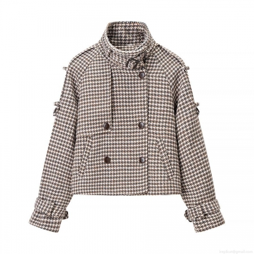 Women's Houndstooth Short Woolen Coat Double Breasted Stand Collar Jacket Elegant Thick Polyester Outerwear For Autumn Winter Ladies Fashion