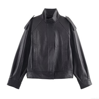 Women's Faux Leather Bomber Jacket Loose Stand Collar Long Sleeve Streetwear PU Outerwear With Epaulettes Pockets Black Fashion Casual Moto Coat