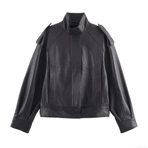 Women's Faux Leather Bomber Jacket Loose Stand Collar Long Sleeve Streetwear PU Outerwear With Epaulettes Pockets Black Fashion Casual Moto Coat