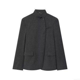 Women's Blazer Elegant Stand Collar Slanted Placket Suit Jacket Solid Color Long Sleeve Mid-Length Coat With Pockets For Office Commute