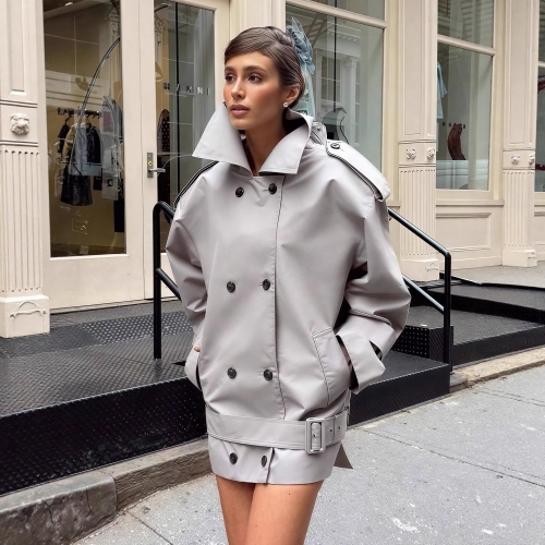 Women's Short Trench Coat Jacket Double Breasted Oversized Windbreaker With Belt Fashion Lapel Polyester Outerwear Streetwear For Lady