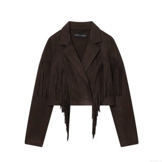 Women's Retro Faux Suede Fringe Jacket Short Lapel Long Sleeve Solid Color Outwear For Party Daily Casual Bohemian Style Coat