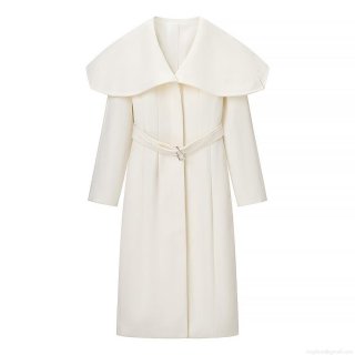 Elegant Women's Long Woolen Overcoat With Waist Belt Solid White Lapel Trench Coat For Autumn Winter Ladies Sophisticated Slim Fit Outwear