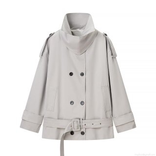 Women's Double-Breasted Mid-Length Trench Coat With Waist Belt Minimalist Polyester Windproof Jacket Elegant Solid Color Lapel Outerwear For Daily Office Commute Fashion