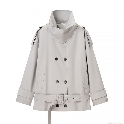 Women's Double-Breasted Mid-Length Trench Coat With Waist Belt Minimalist Polyester Windproof Jacket Elegant Solid Color Lapel Outerwear For Daily Office Commute Fashion