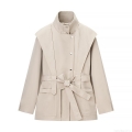 Elegant Women's Trench Coat Minimalist Stand Collar Belted Waist Polyester Windbreaker Jacket With Large Pockets For Casual Daily Work Office Ladies