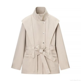 Elegant Women's Trench Coat Minimalist Stand Collar Belted Waist Polyester Windbreaker Jacket With Large Pockets For Casual Daily Work Office Ladies