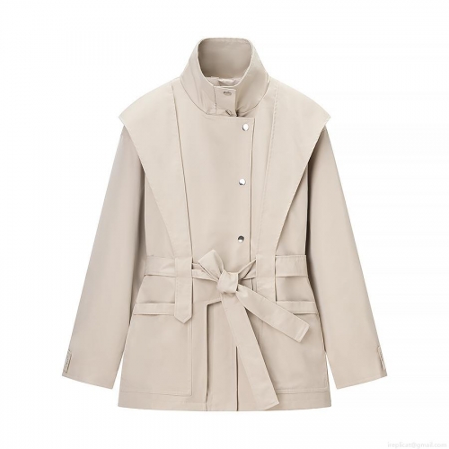 Elegant Women's Trench Coat Minimalist Stand Collar Belted Waist Polyester Windbreaker Jacket With Large Pockets For Casual Daily Work Office Ladies