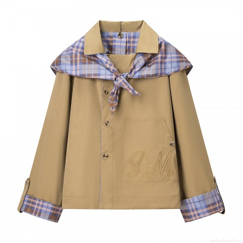 Women's Casual Khaki Jacket With Plaid Scarf Collar And Cuffs Elegant Embroidery Zip Up Short Windbreaker Coat For Lady Autumn Daily Wear