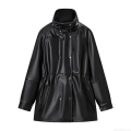 Women's PU Leather Jacket Stand Collar Drawstring Waist Windbreaker Coat Solid Black Streetwear Zip Up Outwear With Metal Buttons And Polyester Lining