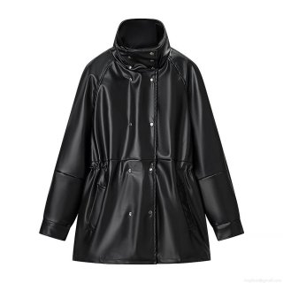 Women's PU Leather Jacket Stand Collar Drawstring Waist Windbreaker Coat Solid Black Streetwear Zip Up Outwear With Metal Buttons And Polyester Lining