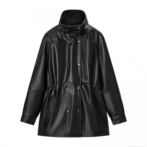 Women's PU Leather Jacket Stand Collar Drawstring Waist Windbreaker Coat Solid Black Streetwear Zip Up Outwear With Metal Buttons And Polyester Lining