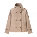 Women's Short Woolen Coat Double Breasted Stand Collar Jacket Solid Color Elegant Casual Outerwear With Shoulder Tabs Epaulettes For Autumn Winter