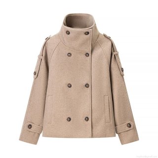 Women's Short Woolen Coat Double Breasted Stand Collar Jacket Solid Color Elegant Casual Outerwear With Shoulder Tabs Epaulettes For Autumn Winter
