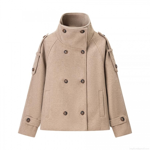 Women's Short Woolen Coat Double Breasted Stand Collar Jacket Solid Color Elegant Casual Outerwear With Shoulder Tabs Epaulettes For Autumn Winter