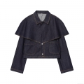 Women's Fashion Casual Denim Cape Jacket Long Sleeve Short Jean Top With Metal Buttons And Pockets Solid Dark Blue Denim Coat For Women