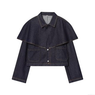 Women's Fashion Casual Denim Cape Jacket Long Sleeve Short Jean Top With Metal Buttons And Pockets Solid Dark Blue Denim Coat For Women