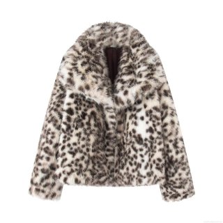 Women's Faux Fur Leopard Print Jacket Oversized Lapel Shaggy Winter Coat With Pockets Long Sleeve Warm Outerwear