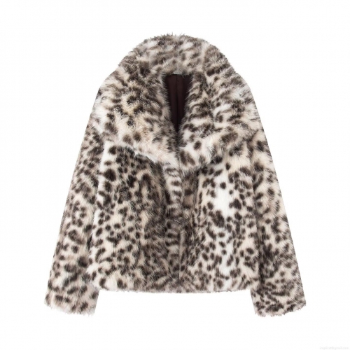 Women's Faux Fur Leopard Print Jacket Oversized Lapel Shaggy Winter Coat With Pockets Long Sleeve Warm Outerwear