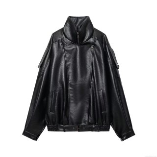 Women's Fashion Casual PU Leather Jacket With Belt Chic Double Collar Slim Motorcycle Biker Coat Windproof Outerwear For Ladies Vintage Streetwear