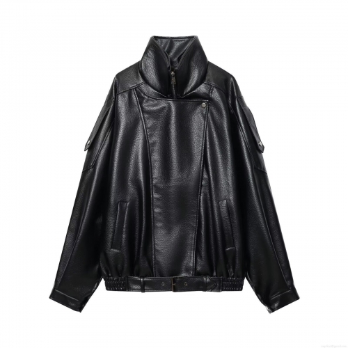 Women's Fashion Casual PU Leather Jacket With Belt Chic Double Collar Slim Motorcycle Biker Coat Windproof Outerwear For Ladies Vintage Streetwear