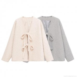 Women Casual Faux Lamb Wool Fuzzy Coat V-Neck Long Sleeve Tie-Front Bowknot Mid-Length Cardigan Warm Outerwear Jacket For Autumn Winter