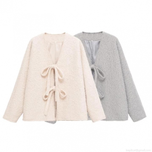 Women Casual Faux Lamb Wool Fuzzy Coat V-Neck Long Sleeve Tie-Front Bowknot Mid-Length Cardigan Warm Outerwear Jacket For Autumn Winter