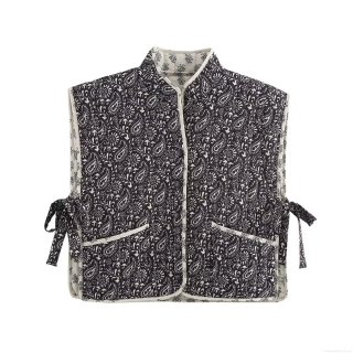 Women Reversible Padded Vest Paisley Print Quilted Stand Collar Side Tie Bow Sleeveless Jacket Autumn Winter Streetwear Warm Outwear