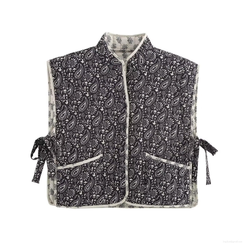 Women Reversible Padded Vest Paisley Print Quilted Stand Collar Side Tie Bow Sleeveless Jacket Autumn Winter Streetwear Warm Outwear