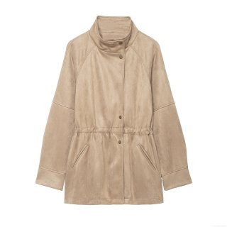 Women Casual Faux Suede Mid-Length Jacket Loose Stand Collar Drawstring Waist Snap Button Khaki Coat Streetwear Windbreaker Outwear