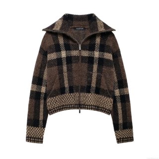Women's Plaid Knit Bomber Jacket Lapel Zipper Front Long Sleeve Cropped Jacket Coat Autumn Winter Vintage Plaid Pattern Thick Warm Outerwear for Women