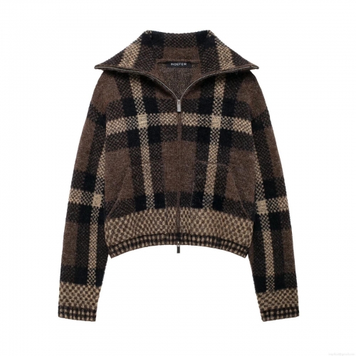Women's Plaid Knit Bomber Jacket Lapel Zipper Front Long Sleeve Cropped Jacket Coat Autumn Winter Vintage Plaid Pattern Thick Warm Outerwear for Women