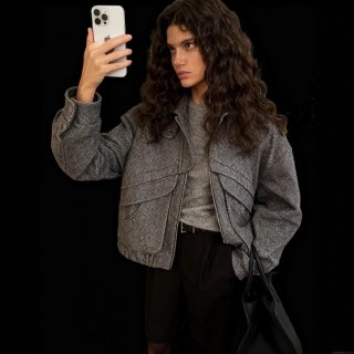 Women's Short Herringbone Jacket Vintage Woolen Texture Zipper Coat Lapel Long Sleeve Casual Outerwear Slim Fit Streetwear Autumn Lady Jacket