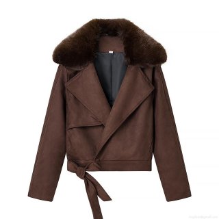 Women's Faux Suede Fur Collar Jacket Faux Fur Trim Tie Waist Warm Streetwear Casual Lapel Short Coat Fashion Outerwear For Women