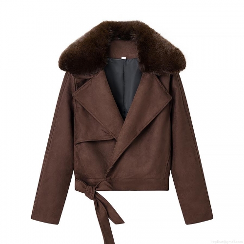 Women's Faux Suede Fur Collar Jacket Faux Fur Trim Tie Waist Warm Streetwear Casual Lapel Short Coat Fashion Outerwear For Women