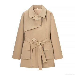 Women's Elegant Polyester Trench Coat With Waist Tie Windproof Mid-Length Jacket For Casual Office Daily Wear Minimalist Khaki Outerwear