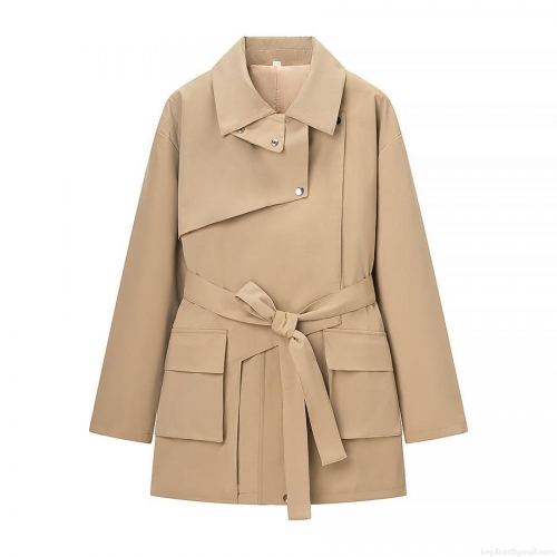 Women's Elegant Polyester Trench Coat With Waist Tie Windproof Mid-Length Jacket For Casual Office Daily Wear Minimalist Khaki Outerwear