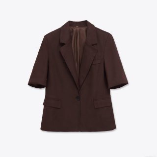 Women's Short Sleeve Blazer 100% Polyester Notch Lapel Single Breasted Suit Jacket Casual Office Daily Wear Solid Brown Fashion Outerwear