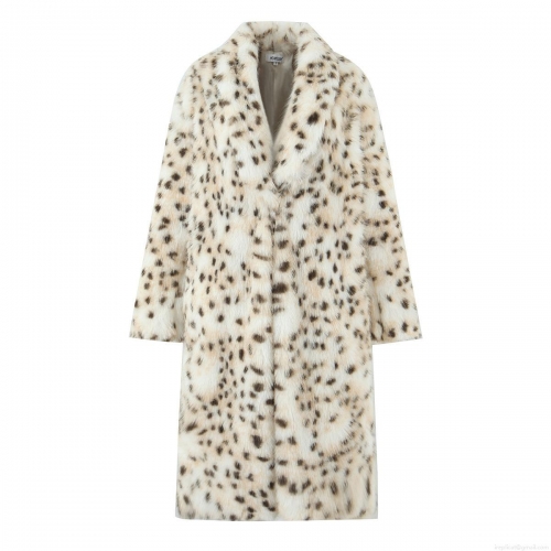 Women Leopard Print Faux Fox Fur Long Coat Winter Warm Turn-Down Collar Plush Outwear Elegant Lady Fashion Long Sleeve Thick Overcoat