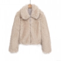 Women's Short Faux Fur Jacket Solid Apricot Lapel Zipper Outerwear Warm Elegant Winter Coat for Lady Casual Party Top